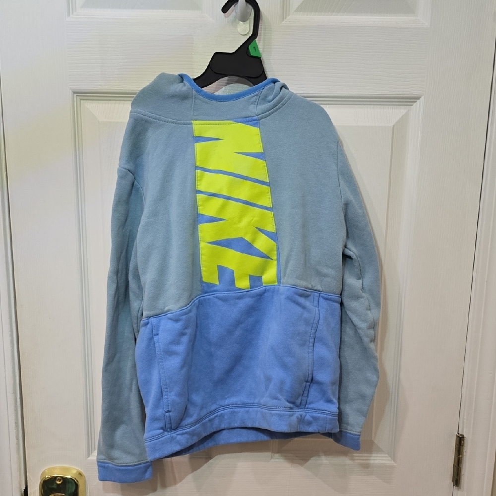 Boys Nike Light Blue Hoodie with Neon Yellow Logo Size M